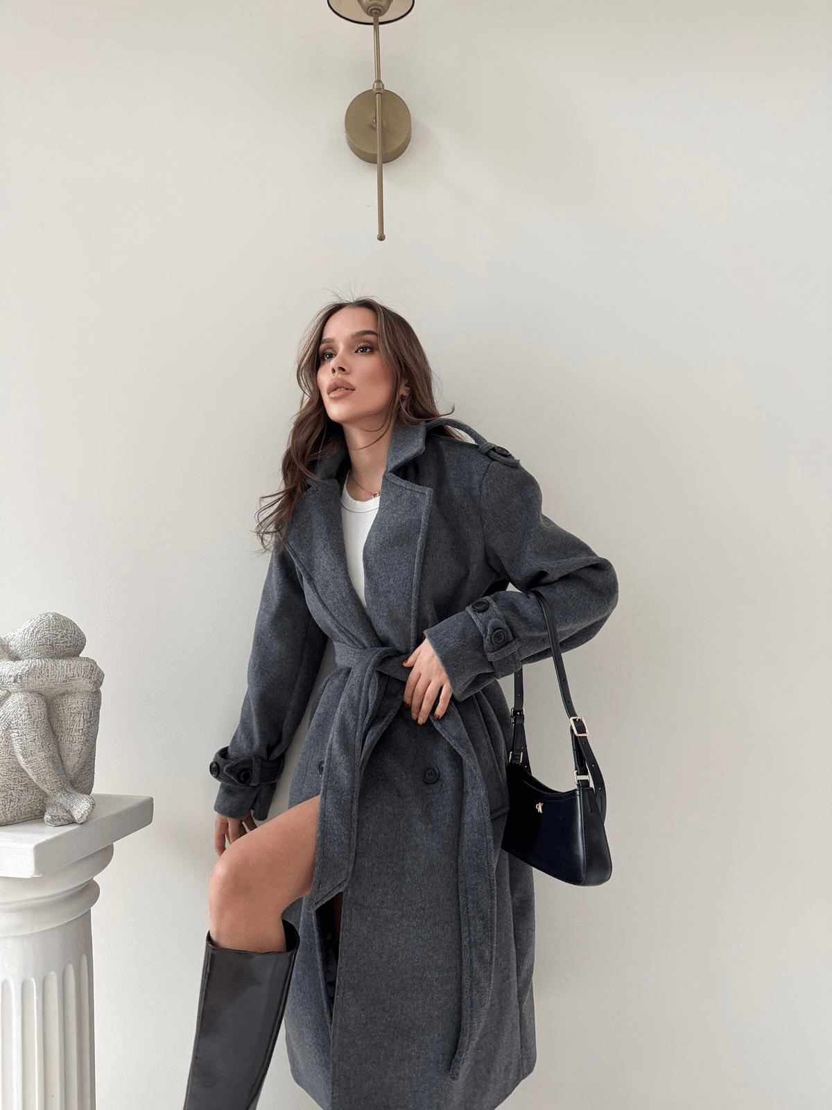 OMUZ VE KOL APOLET DETAY BEL KUŞAKLI ASTARLI KAŞE KABAN ANTRASİT