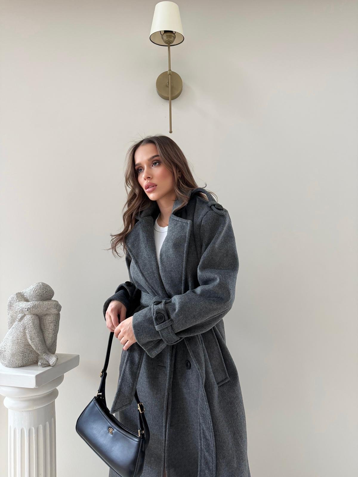 OMUZ VE KOL APOLET DETAY BEL KUŞAKLI ASTARLI KAŞE KABAN ANTRASİT