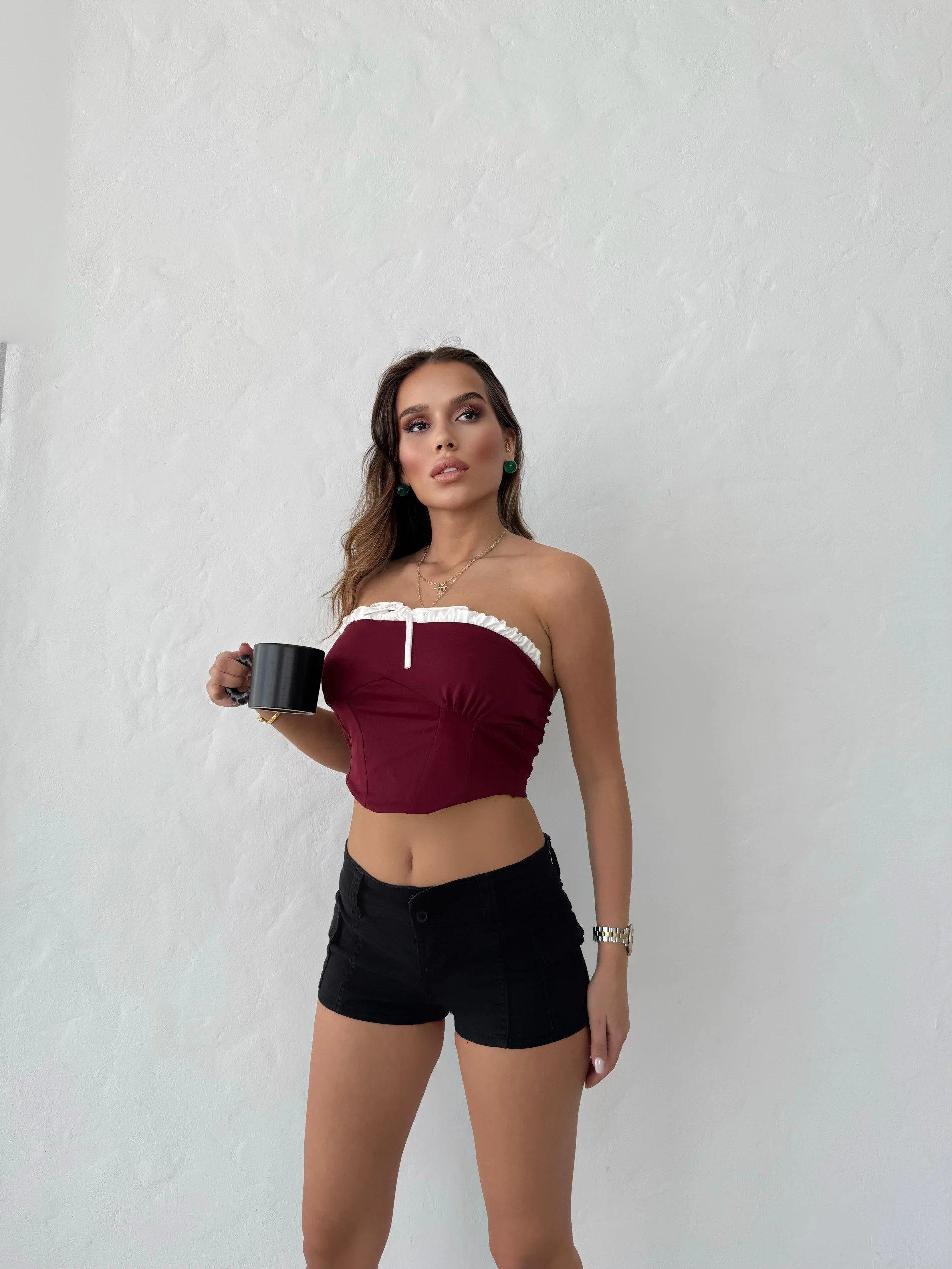 ÖN BAĞLAMALI STRAPLEZ CROP BORDO