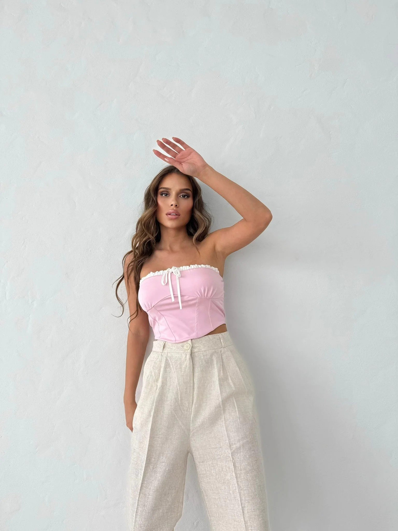 ÖN BAĞLAMALI STRAPLEZ CROP PEMBE