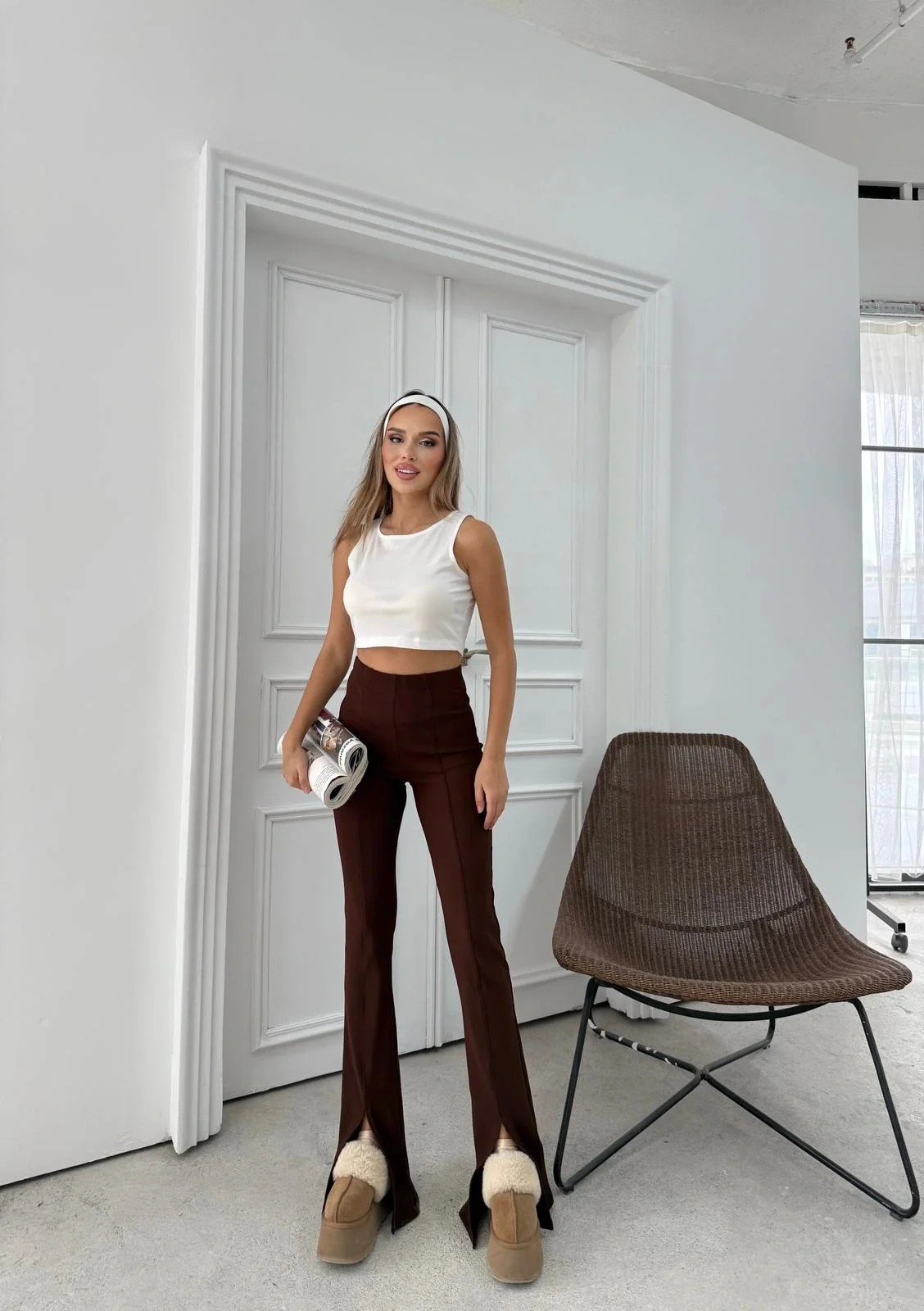 ÖN YIRTMAÇLI YÜKSEK BEL OTTOMAN PANTOLON KAHVE