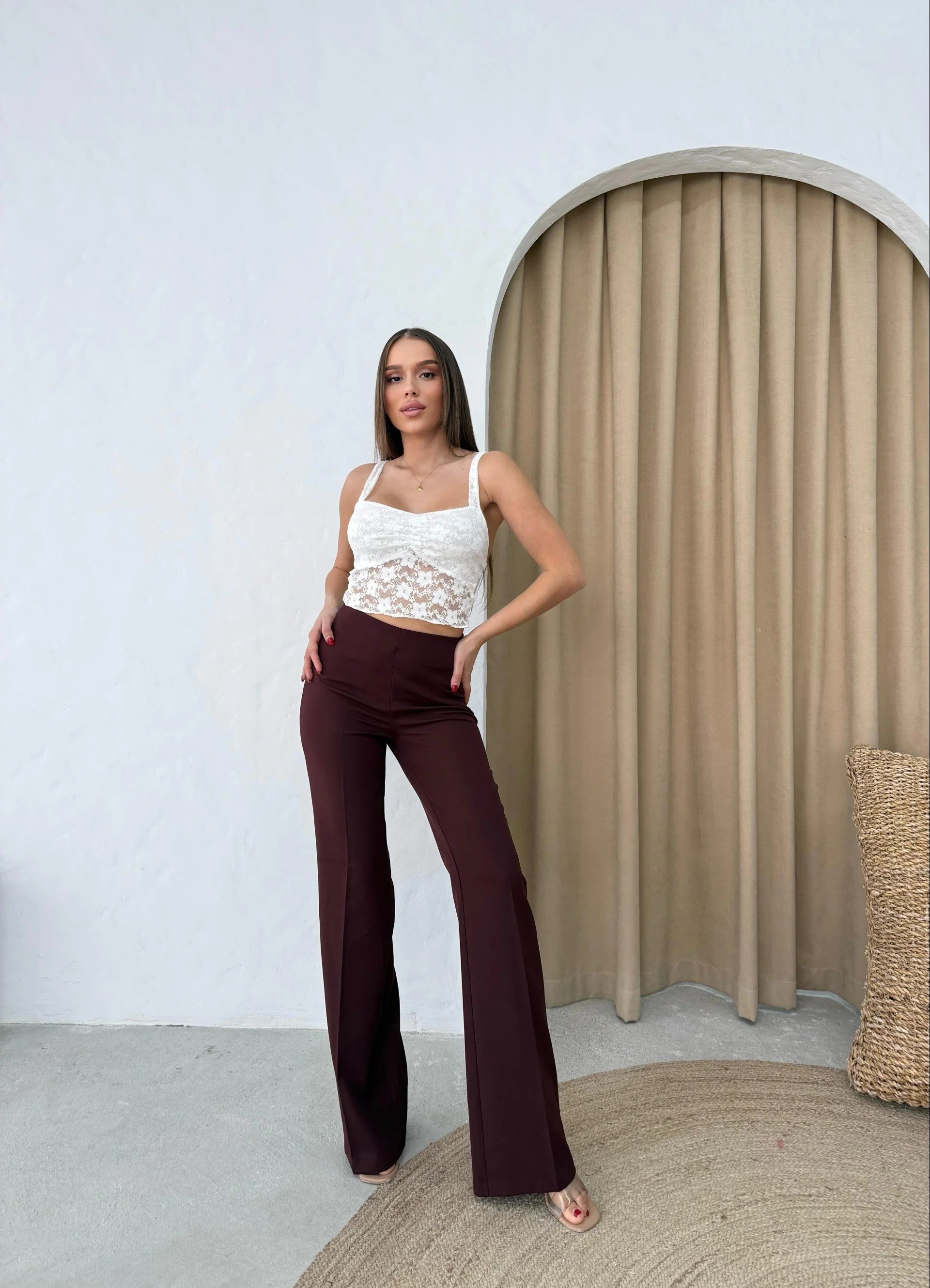 PALAZZO YÜKSEK BEL KUMAŞ PANTOLON BORDO