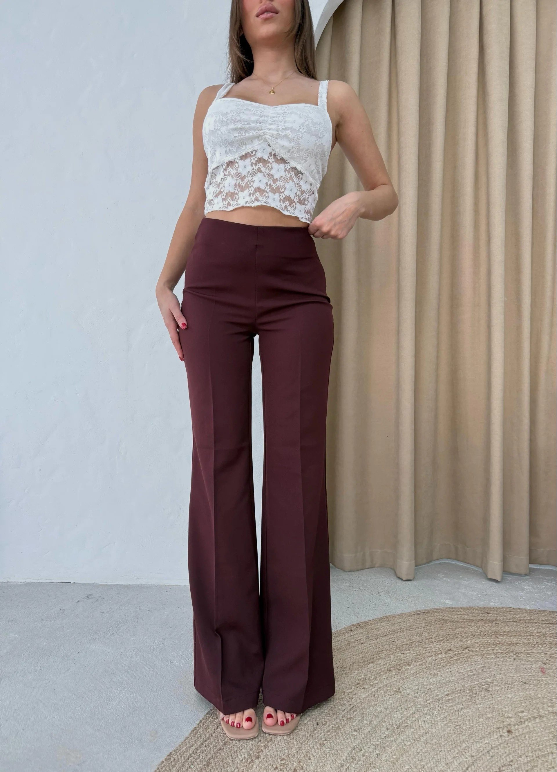 PALAZZO YÜKSEK BEL KUMAŞ PANTOLON BORDO