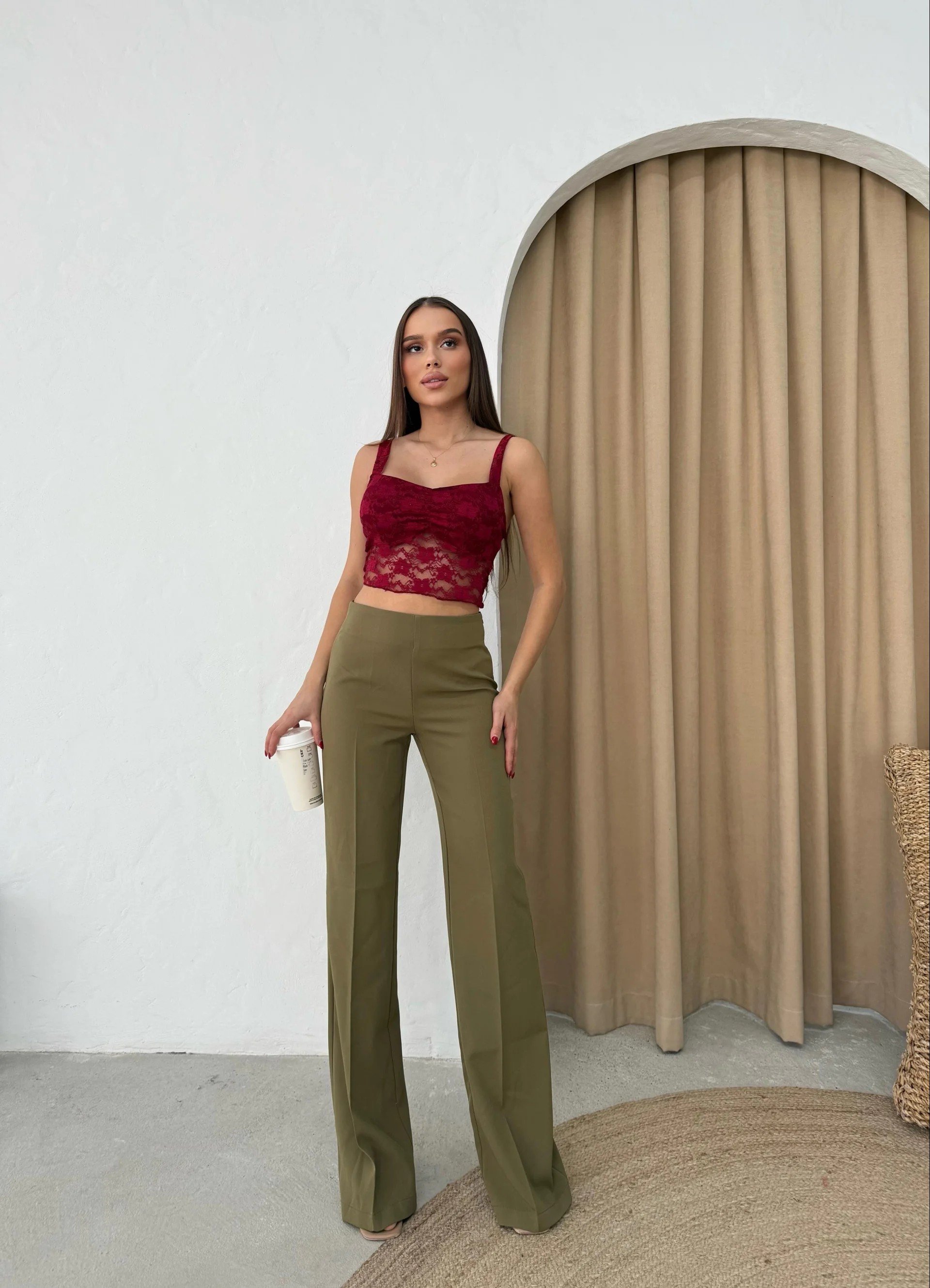 PALAZZO YÜKSEK BEL KUMAŞ PANTOLON HAKİ