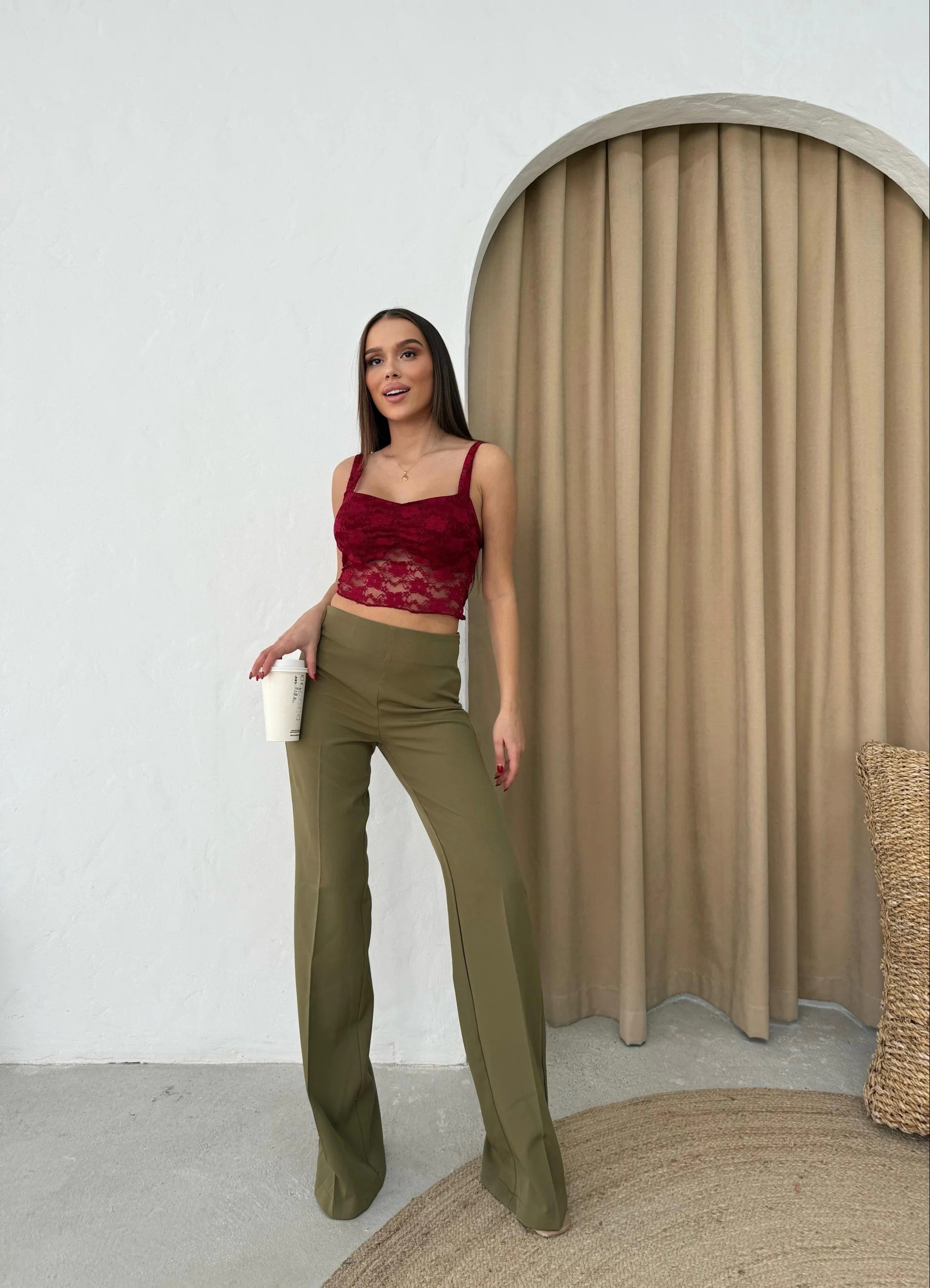 PALAZZO YÜKSEK BEL KUMAŞ PANTOLON HAKİ