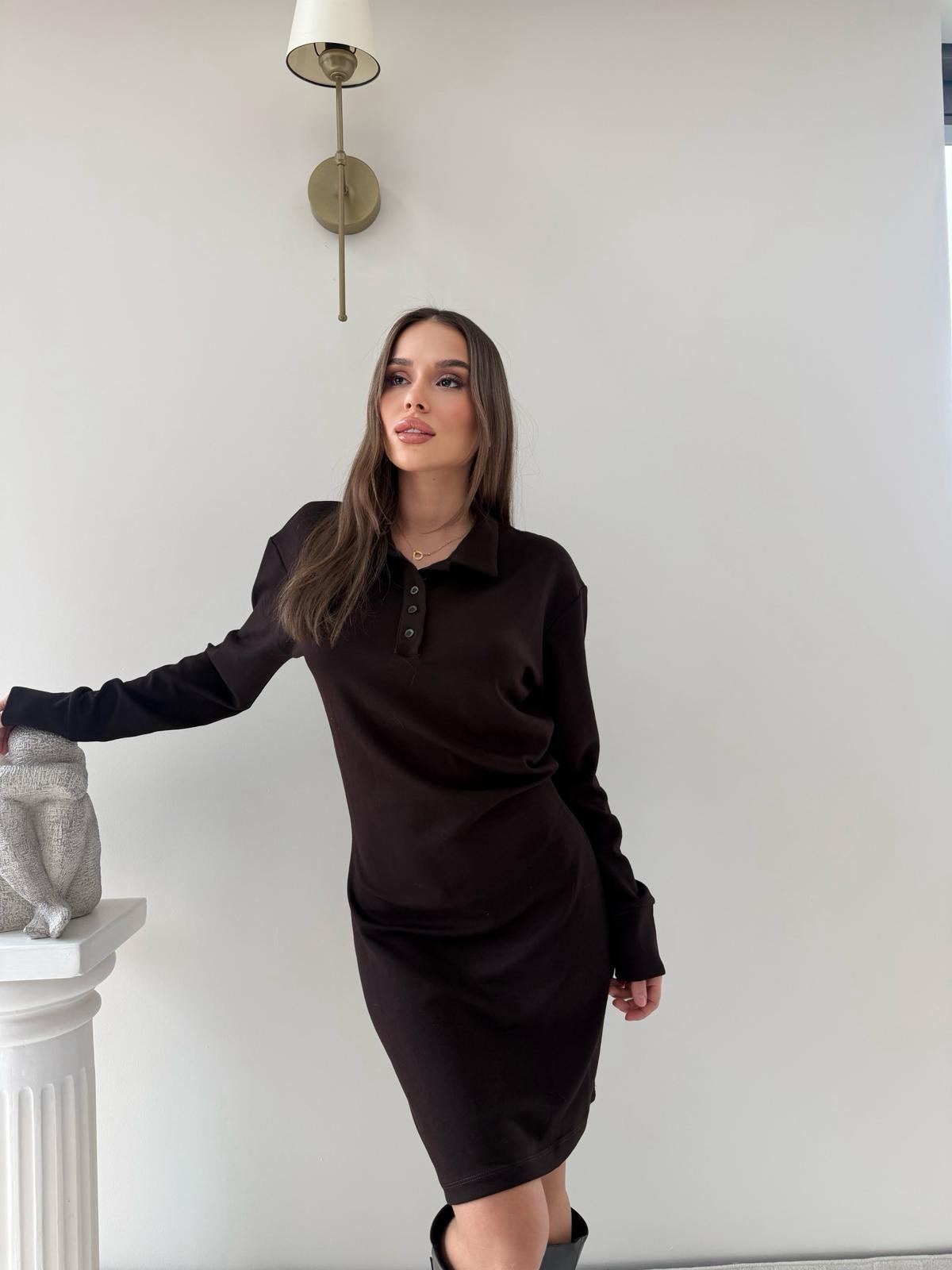 Polo Yaka Belden Drape Detay Modal Elbise Kahve 2044