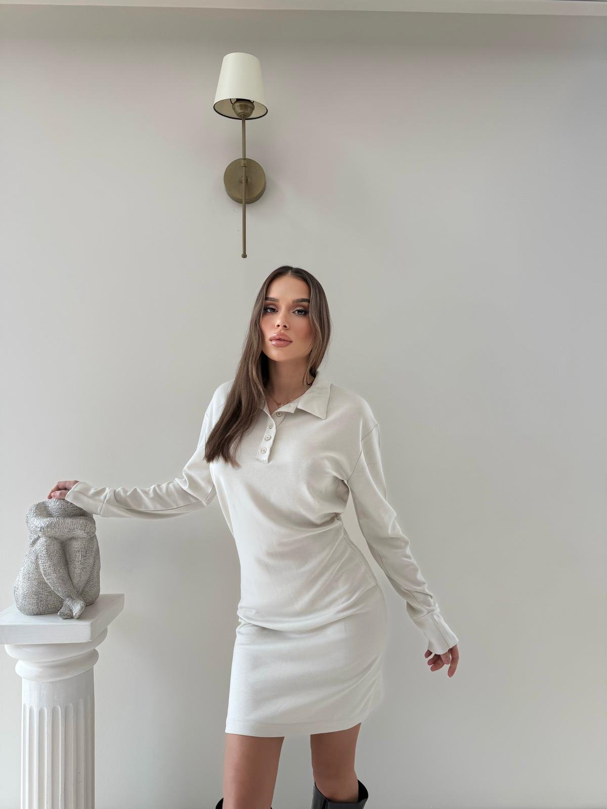 Polo Yaka Belden Drape Detay Modal Elbise Bej 2044