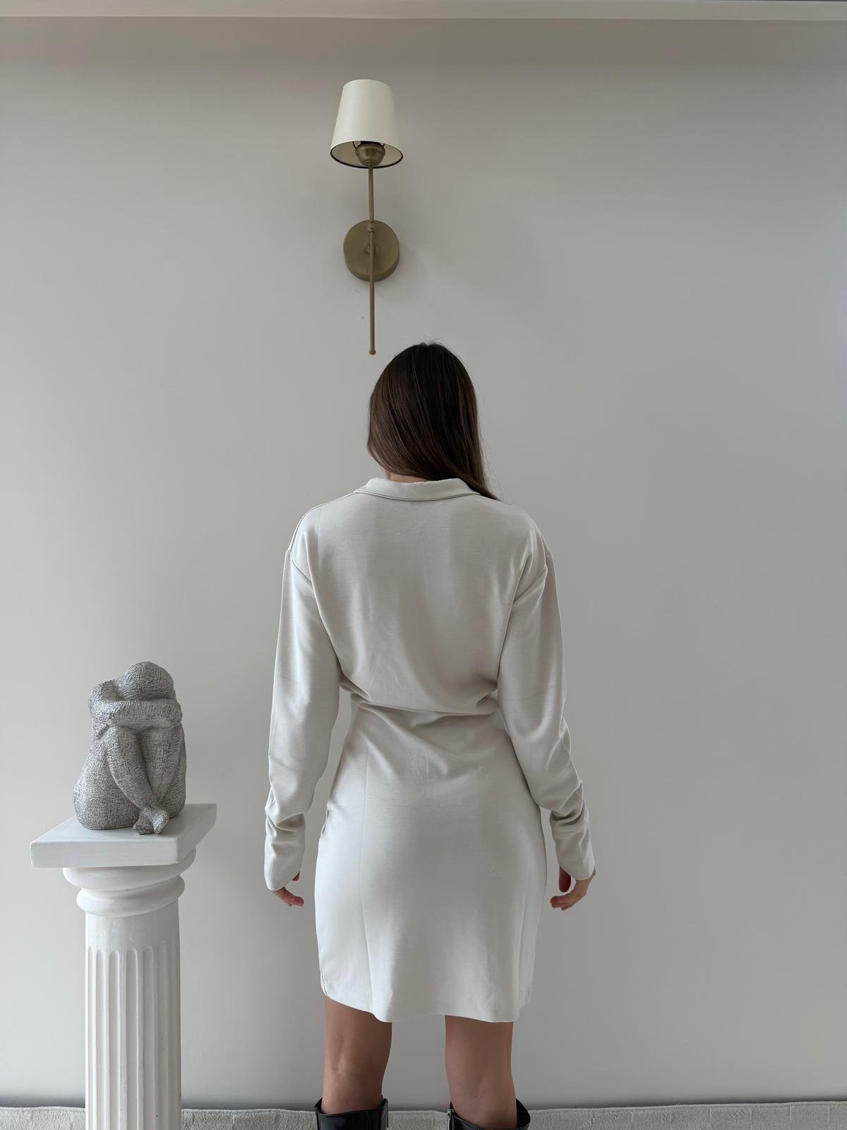 Polo Yaka Belden Drape Detay Modal Elbise Bej 2044