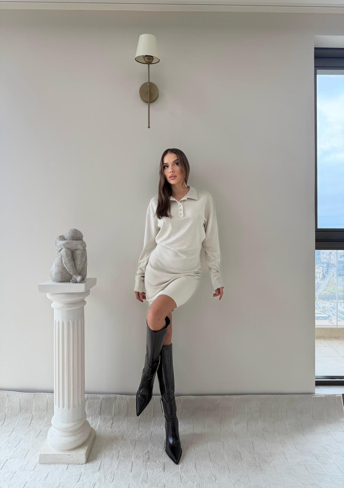 Polo Yaka Belden Drape Detay Modal Elbise Bej 2044