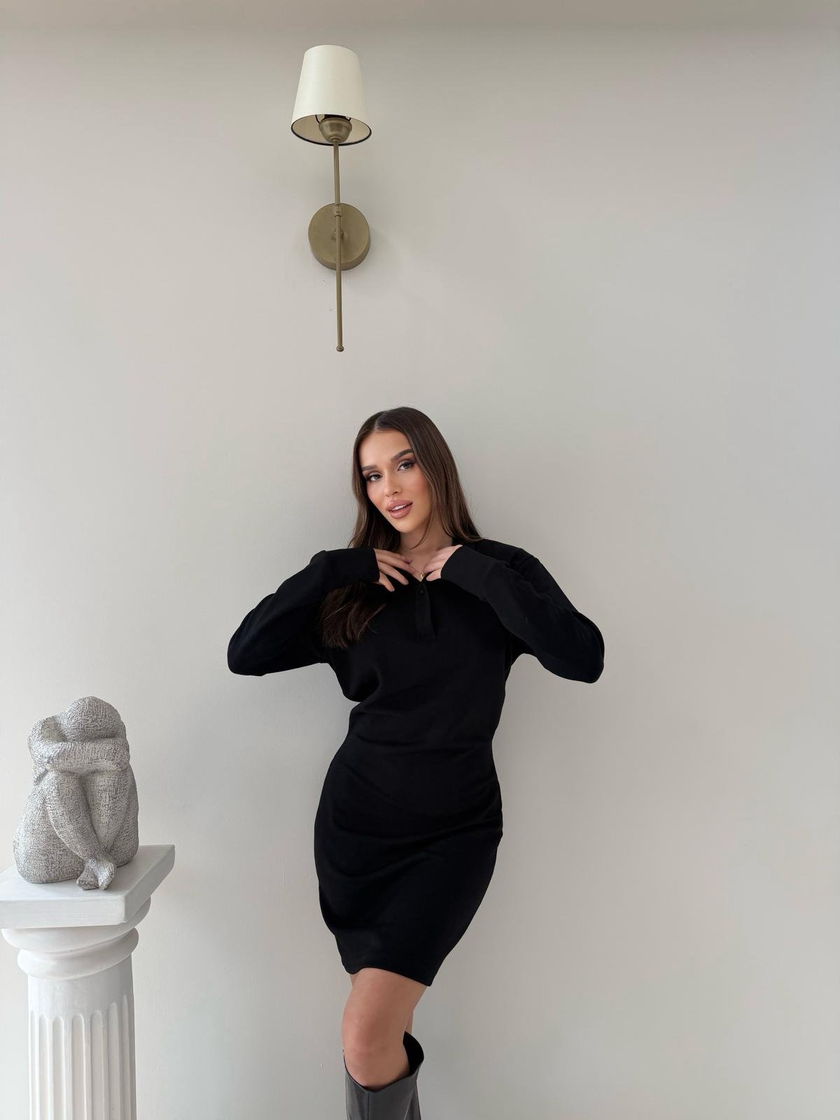 Polo Yaka Belden Drape Detay Modal Elbise Siyah 2044