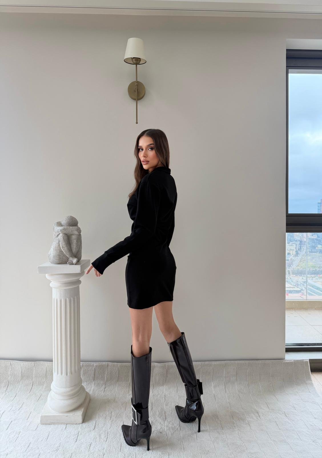 Polo Yaka Belden Drape Detay Modal Elbise Siyah 2044