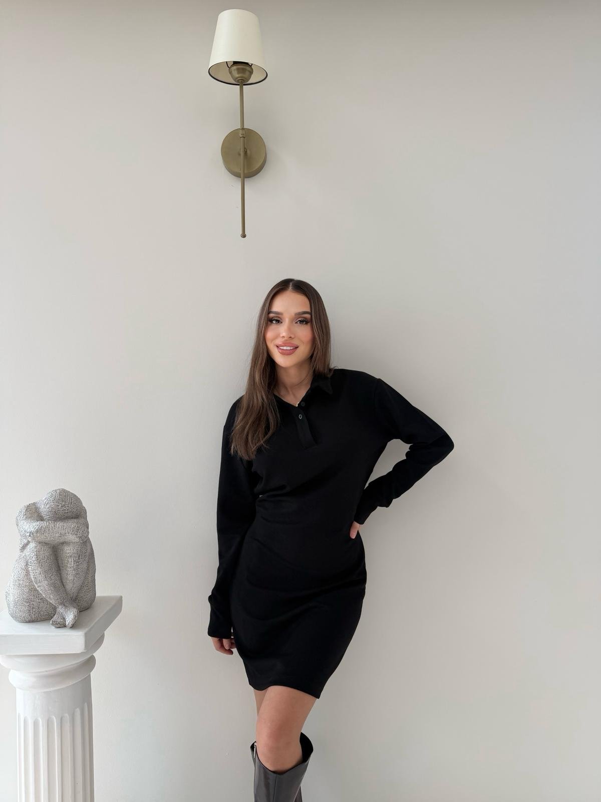 Polo Yaka Belden Drape Detay Modal Elbise Siyah 2044