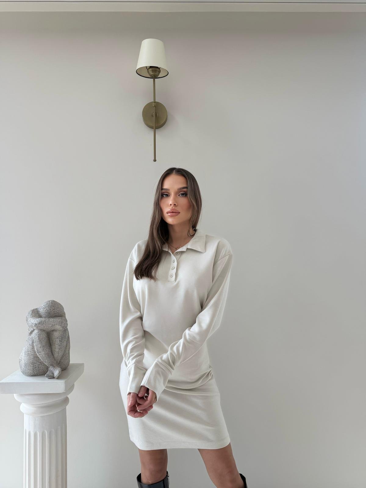 Polo Yaka Belden Drape Detay Modal Elbise Bej 2044