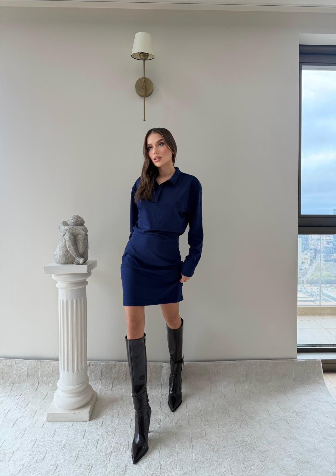 Polo Yaka Belden Drape Detay Modal Elbise Lacivert 2044