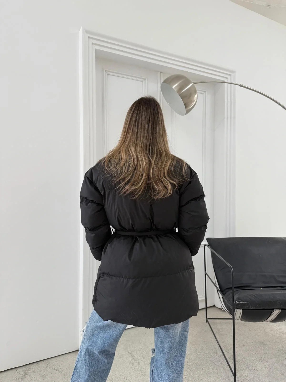 ŞAL YAKA BEL KUŞAKLI ÇİFT CEP ŞİŞME MONT SİYAH