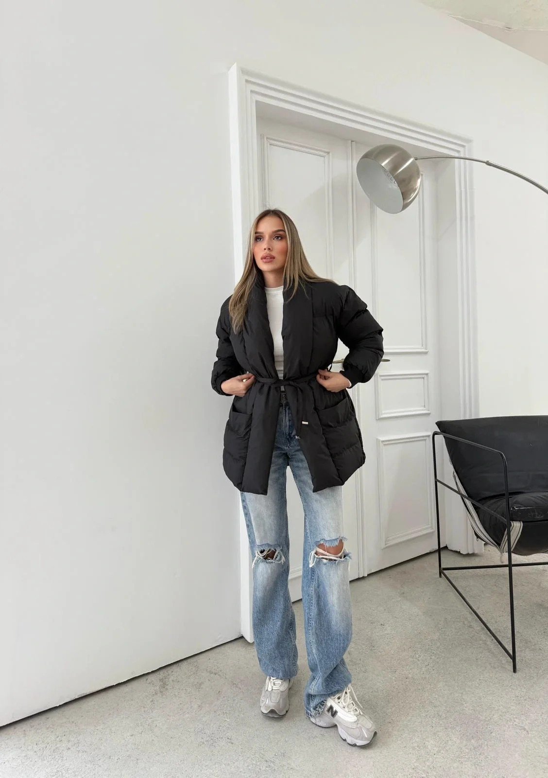 ŞAL YAKA BEL KUŞAKLI ÇİFT CEP ŞİŞME MONT SİYAH