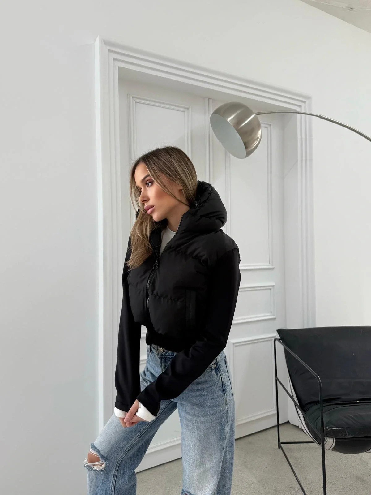 ŞİŞME KAPİŞONLU CROP MONT SİYAH