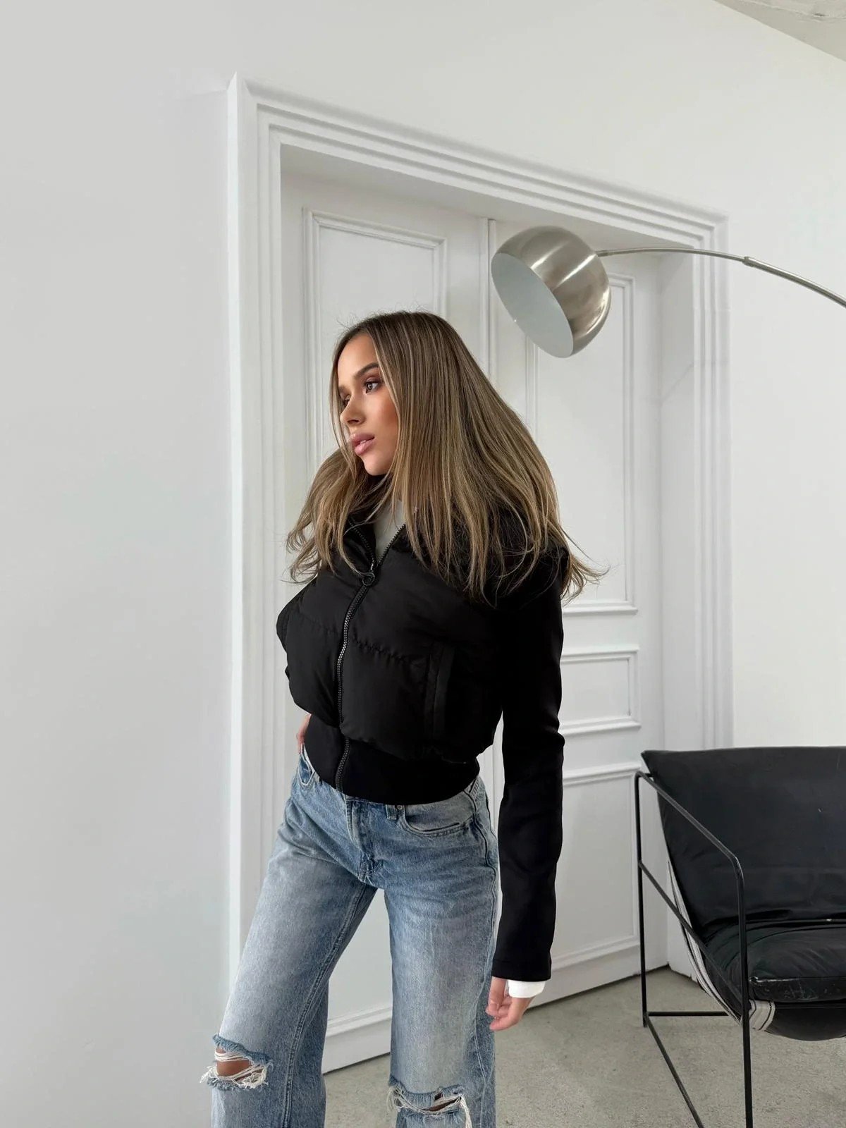 ŞİŞME KAPİŞONLU CROP MONT SİYAH