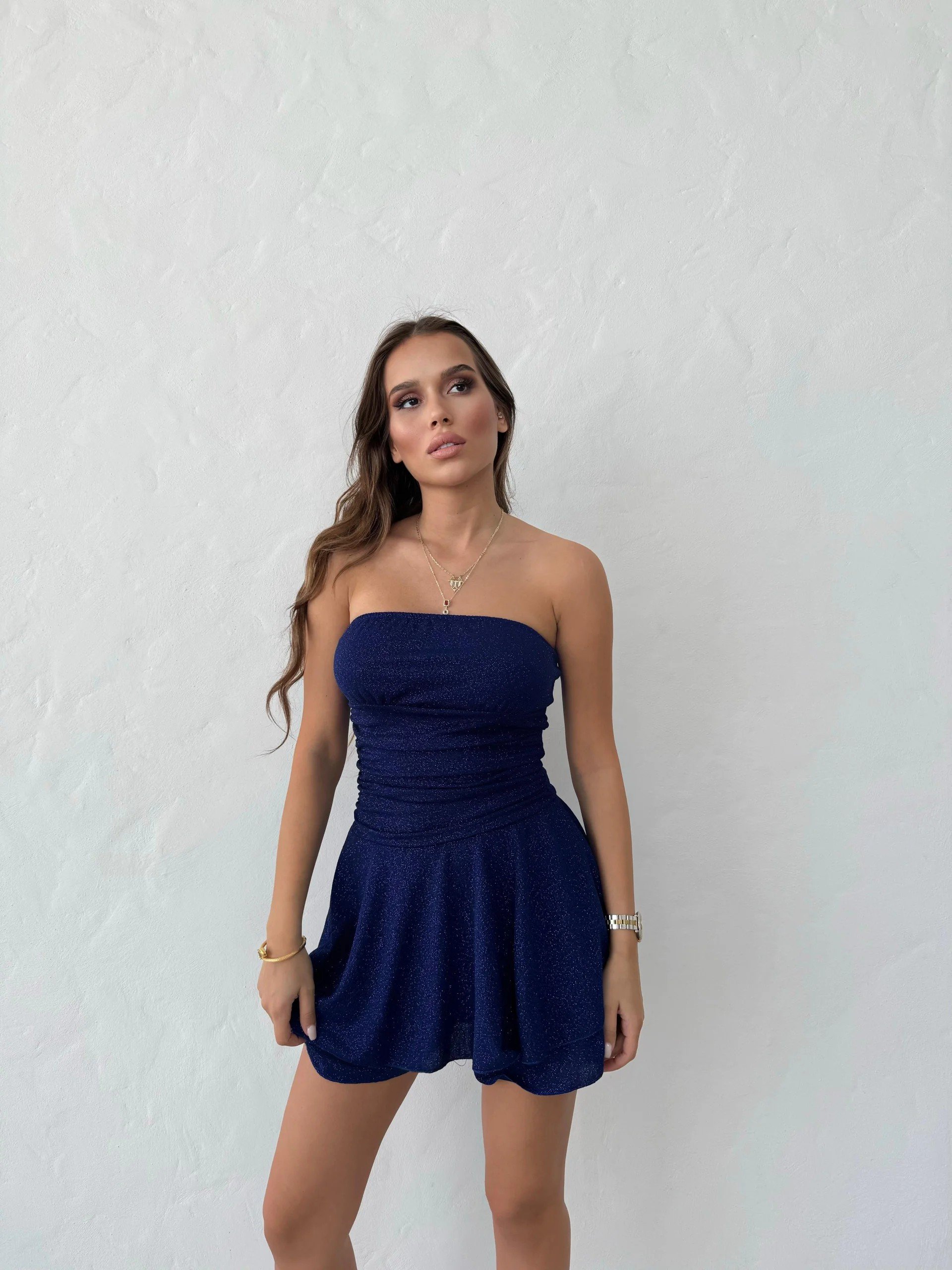 STRAPLEZ ŞORTLU SİMLİ ELBİSE LACİVERT