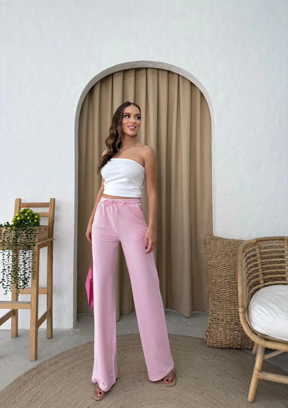 SU YOLU ÇİZGİLİ PANTOLON PEMBE