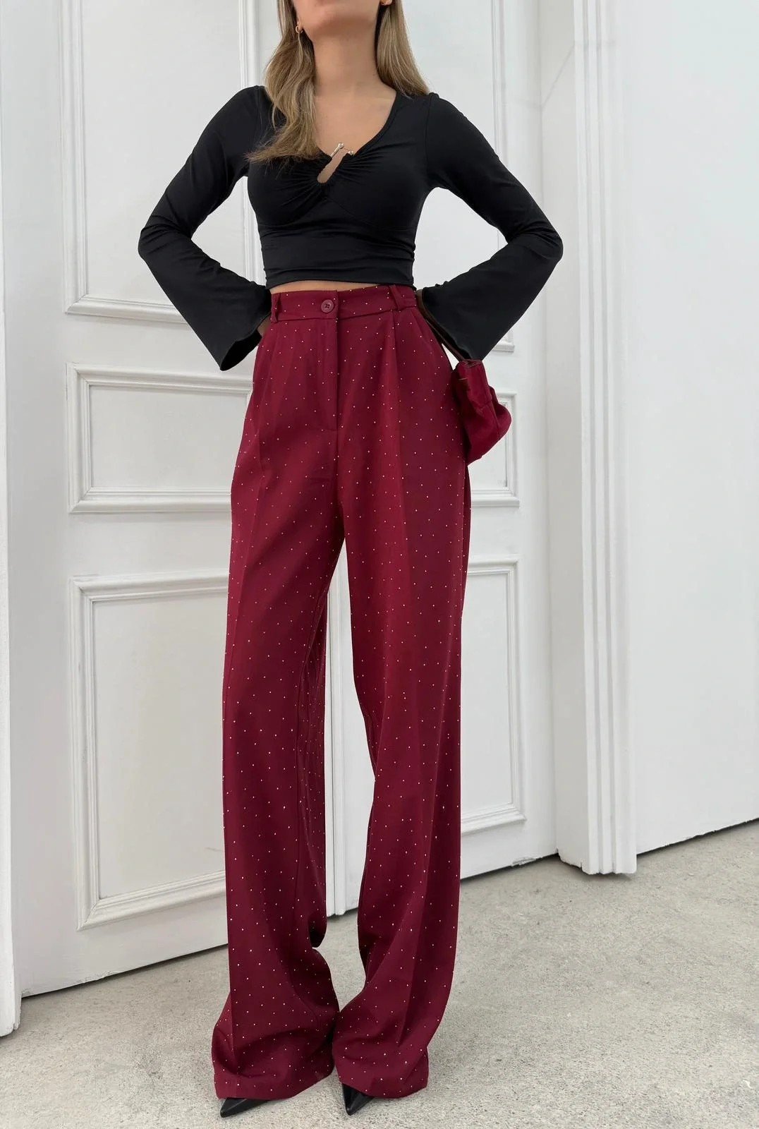 TAŞLI YÜKSEK BEL PALAZZO PANTOLON BORDO