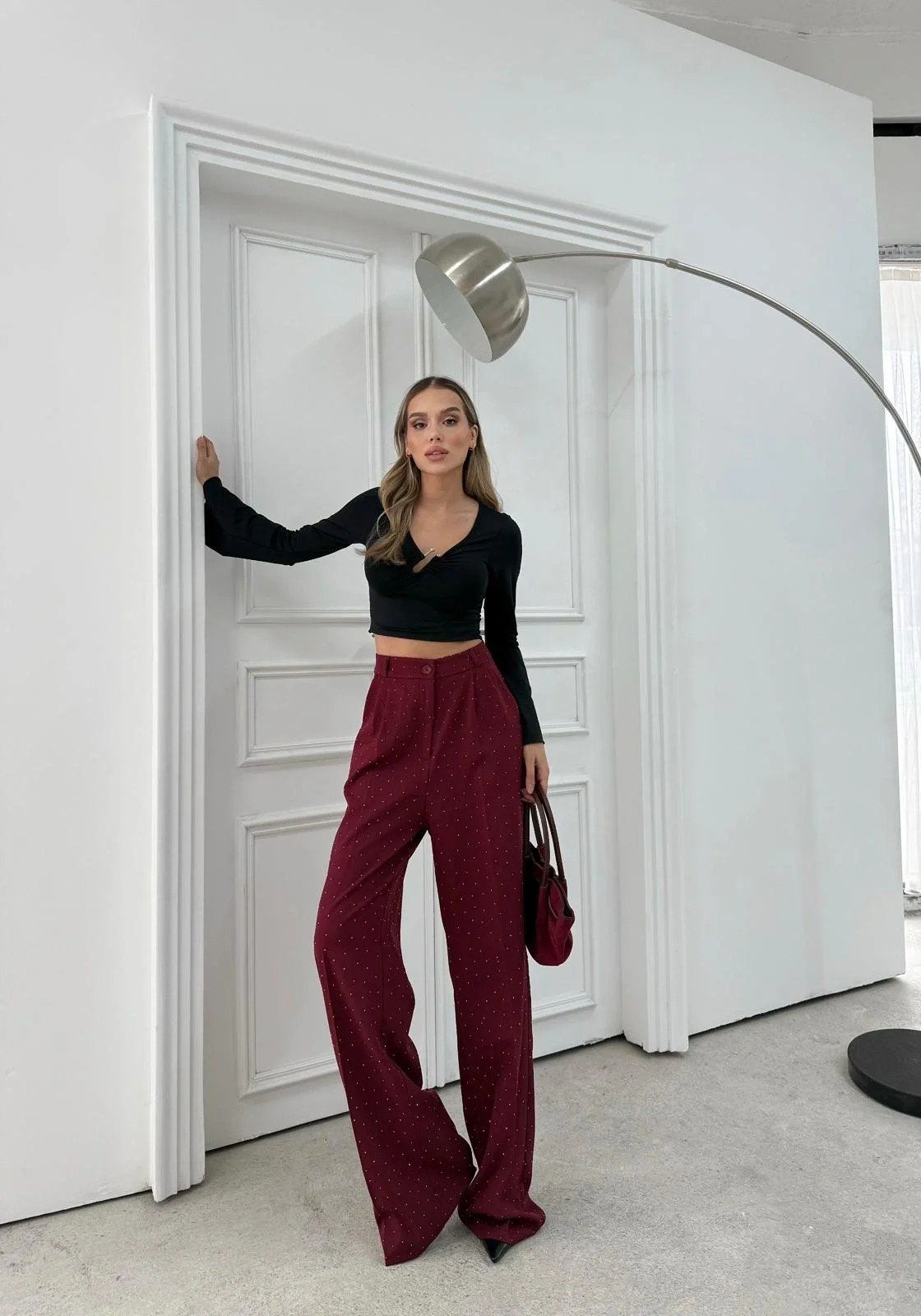 TAŞLI YÜKSEK BEL PALAZZO PANTOLON BORDO