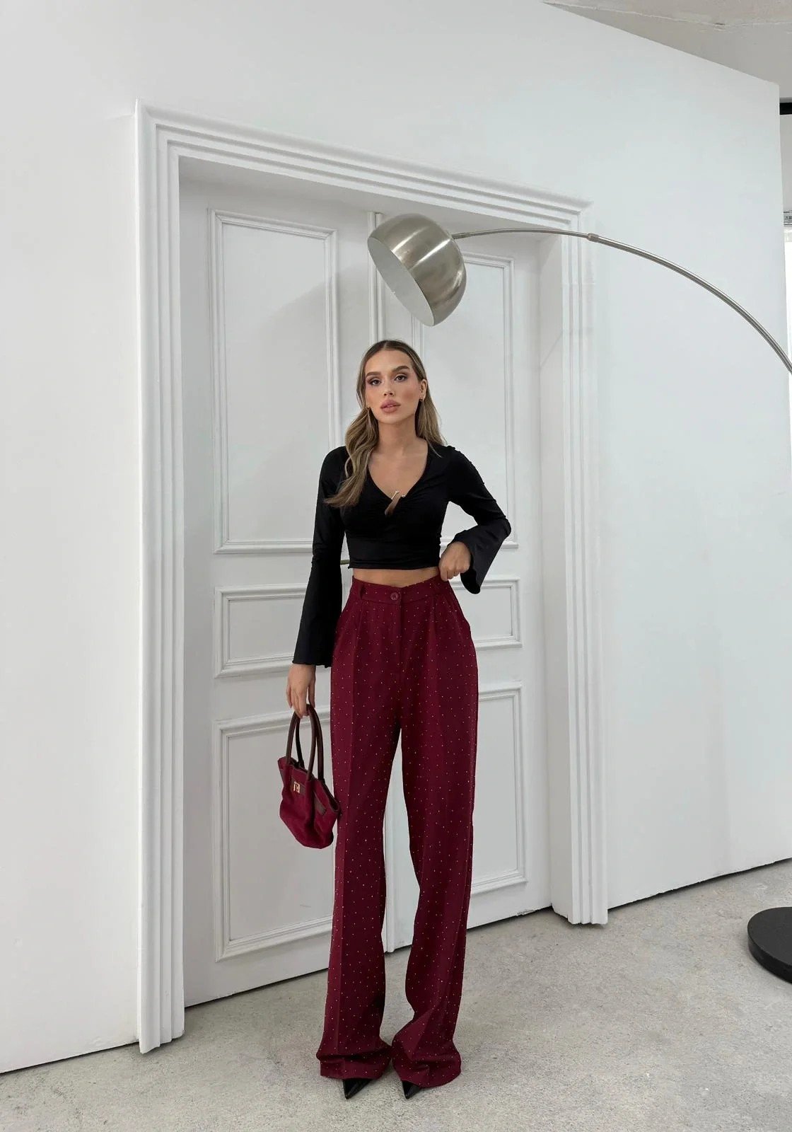 TAŞLI YÜKSEK BEL PALAZZO PANTOLON BORDO