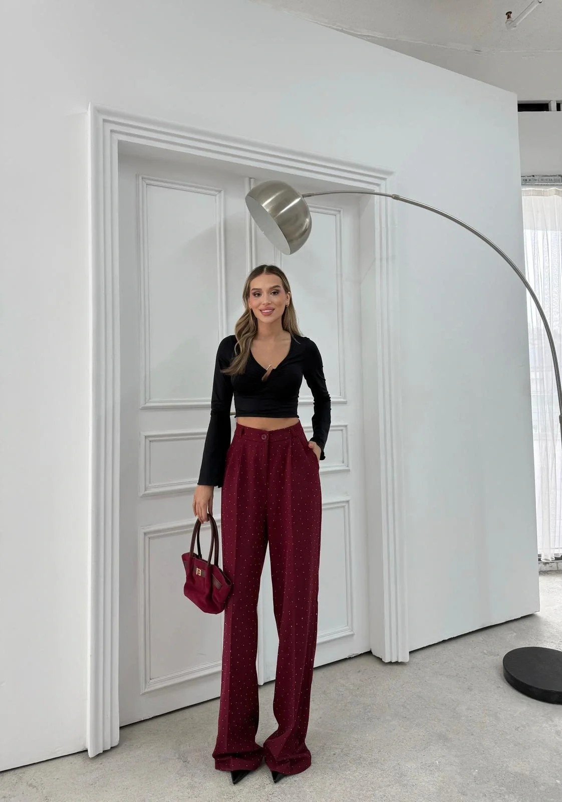 TAŞLI YÜKSEK BEL PALAZZO PANTOLON BORDO