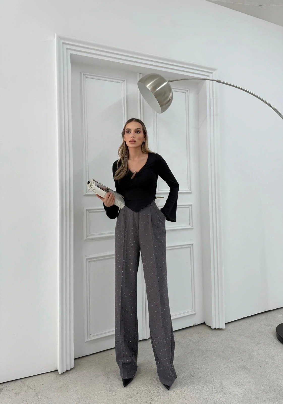 TAŞLI YÜKSEK BEL PALAZZO PANTOLON GRİ