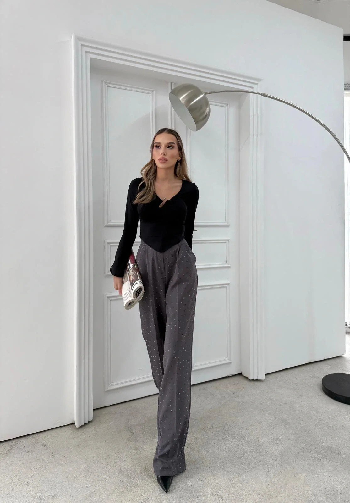 TAŞLI YÜKSEK BEL PALAZZO PANTOLON GRİ