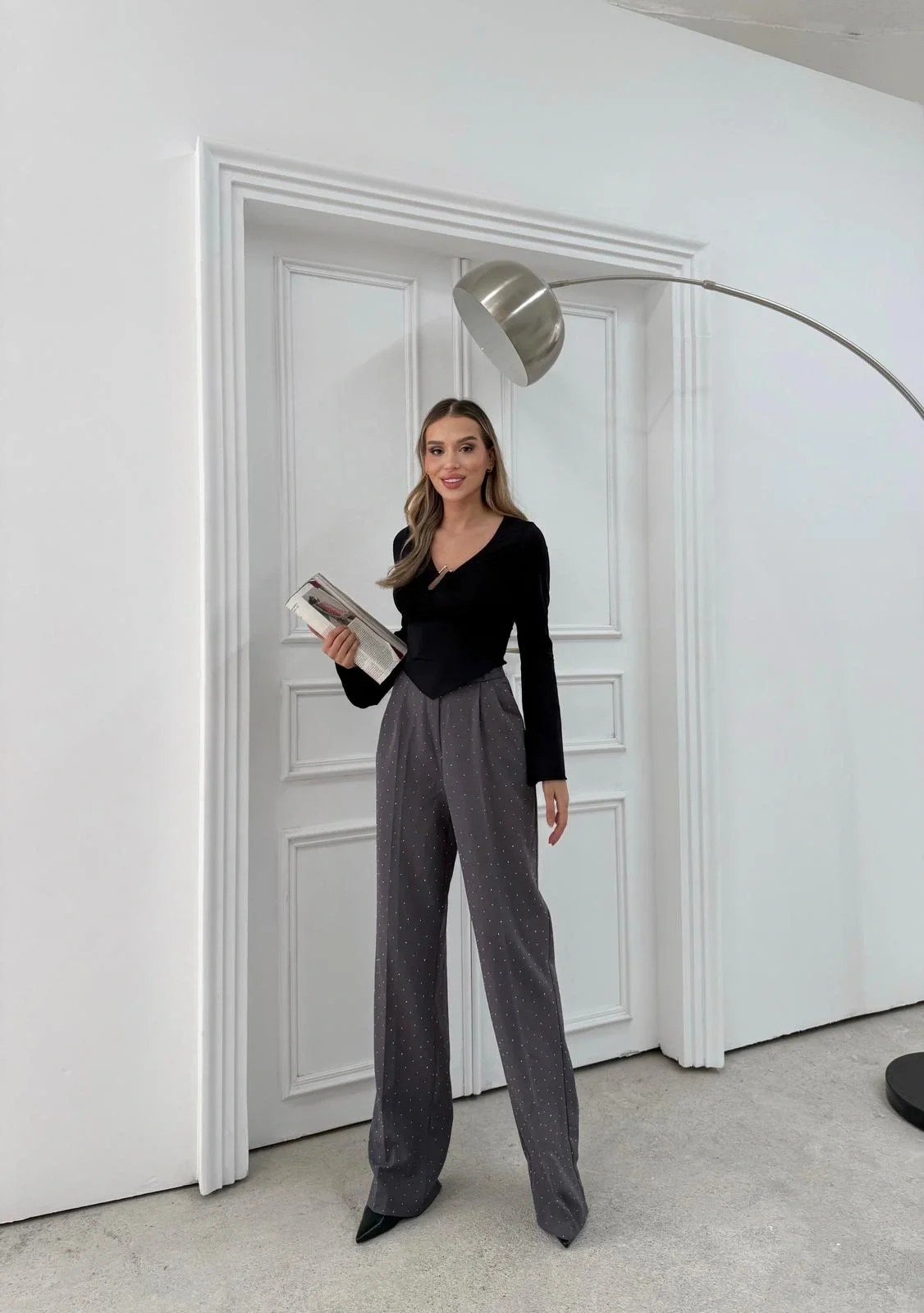 TAŞLI YÜKSEK BEL PALAZZO PANTOLON GRİ