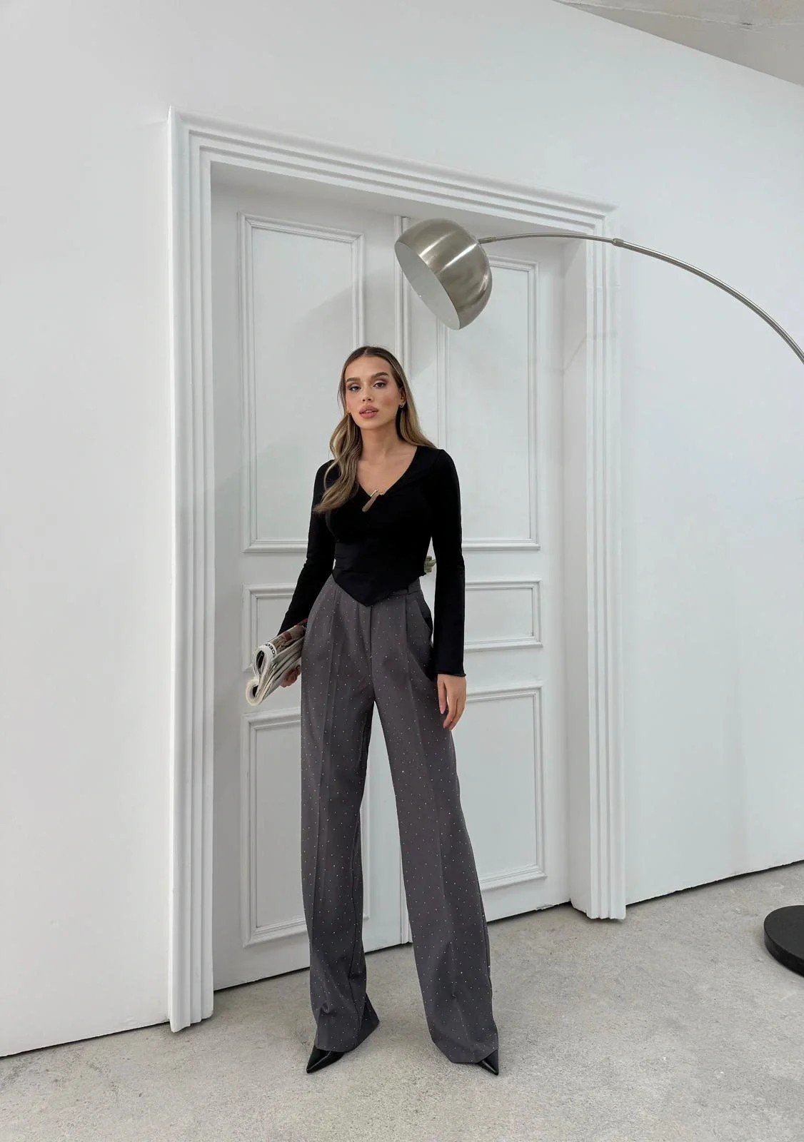 TAŞLI YÜKSEK BEL PALAZZO PANTOLON GRİ