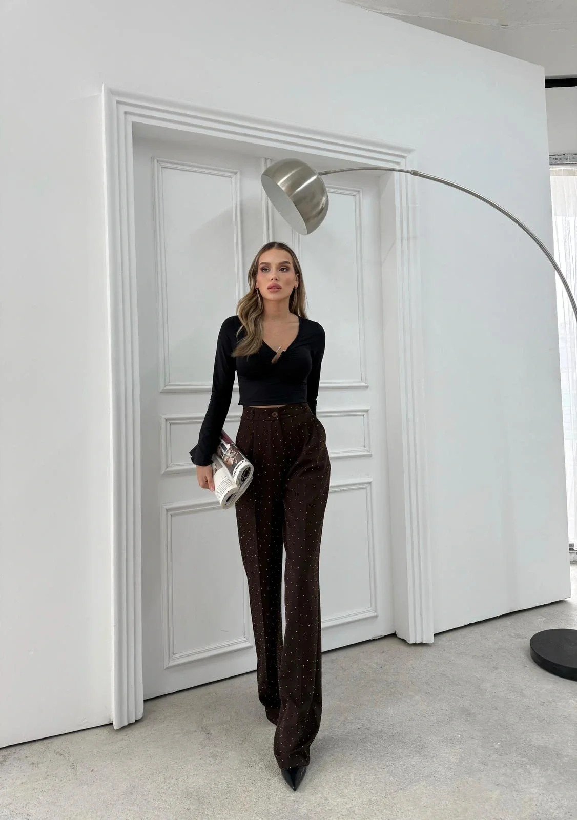 TAŞLI YÜKSEK BEL PALAZZO PANTOLON KAHVE