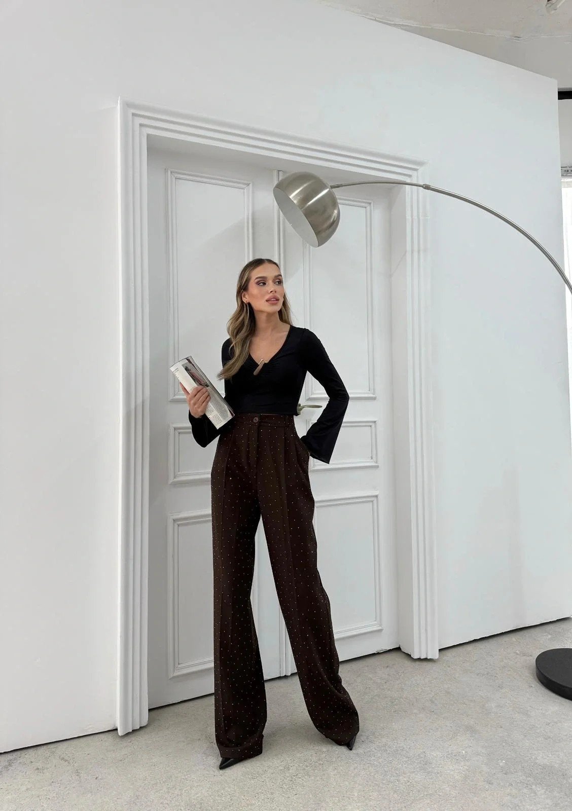 TAŞLI YÜKSEK BEL PALAZZO PANTOLON KAHVE