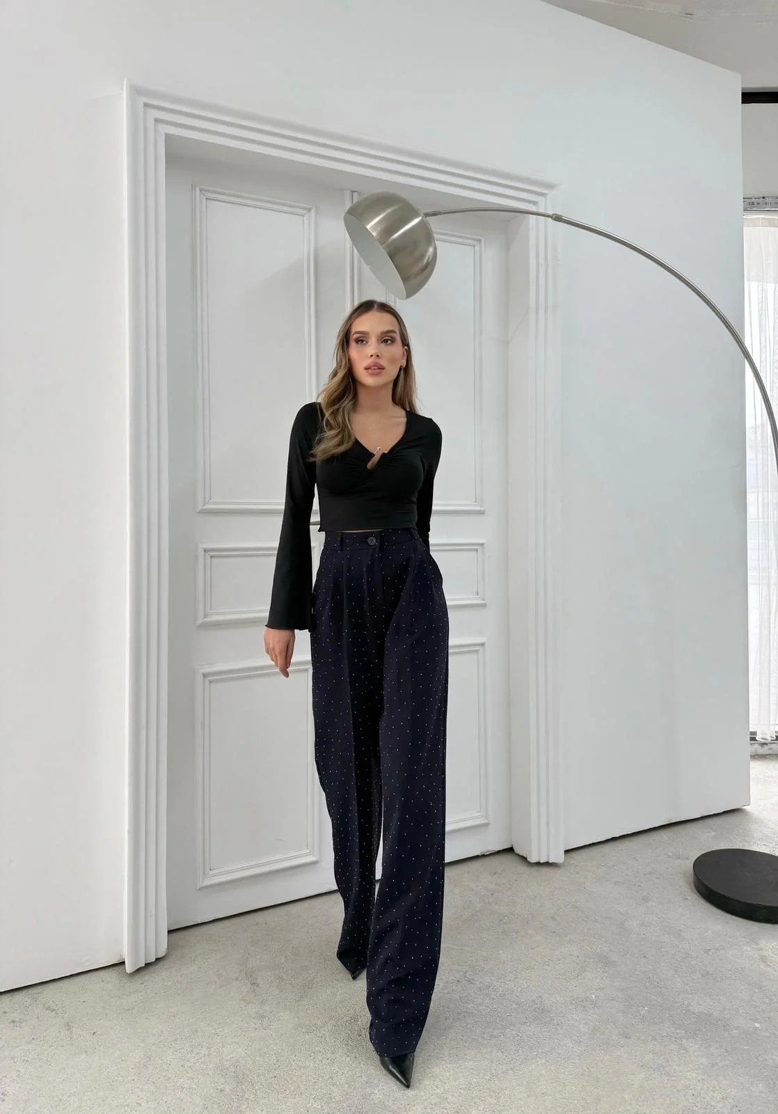 TAŞLI YÜKSEK BEL PALAZZO PANTOLON LACİVERT