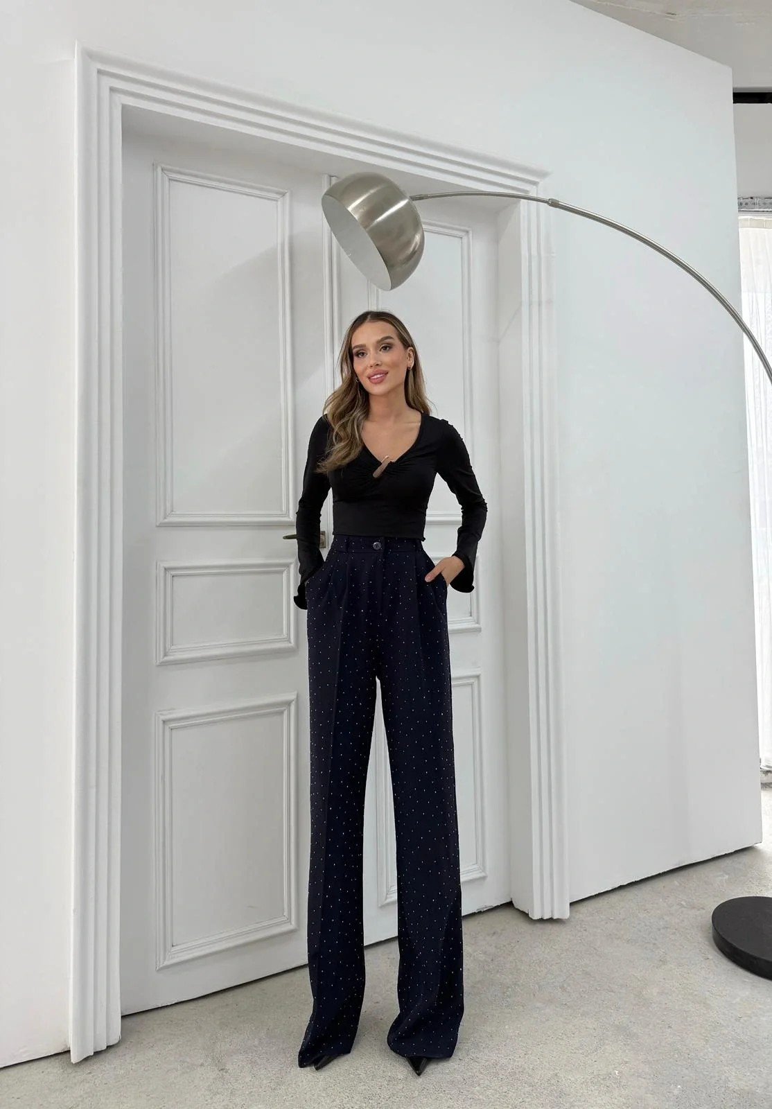 TAŞLI YÜKSEK BEL PALAZZO PANTOLON LACİVERT