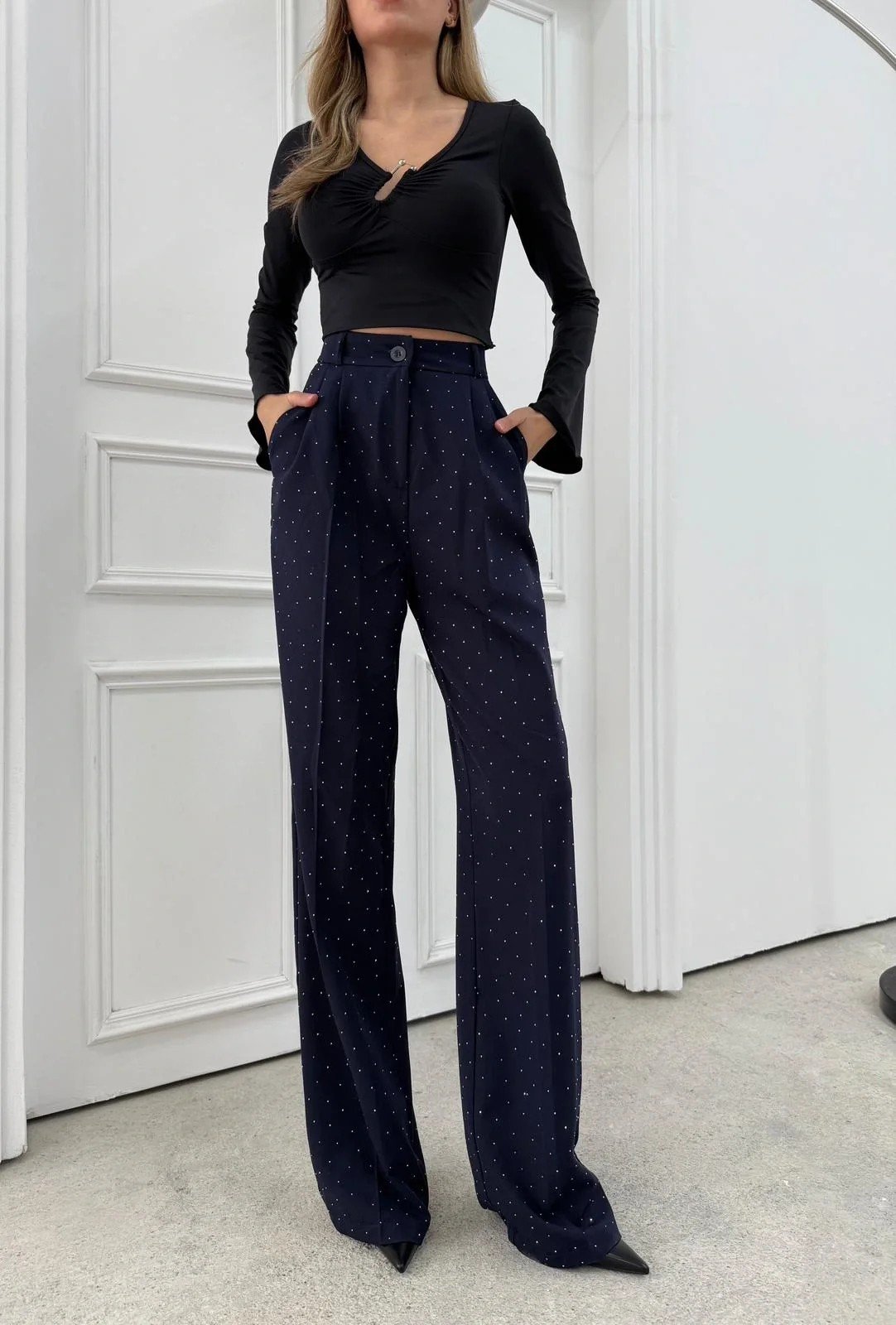 TAŞLI YÜKSEK BEL PALAZZO PANTOLON LACİVERT