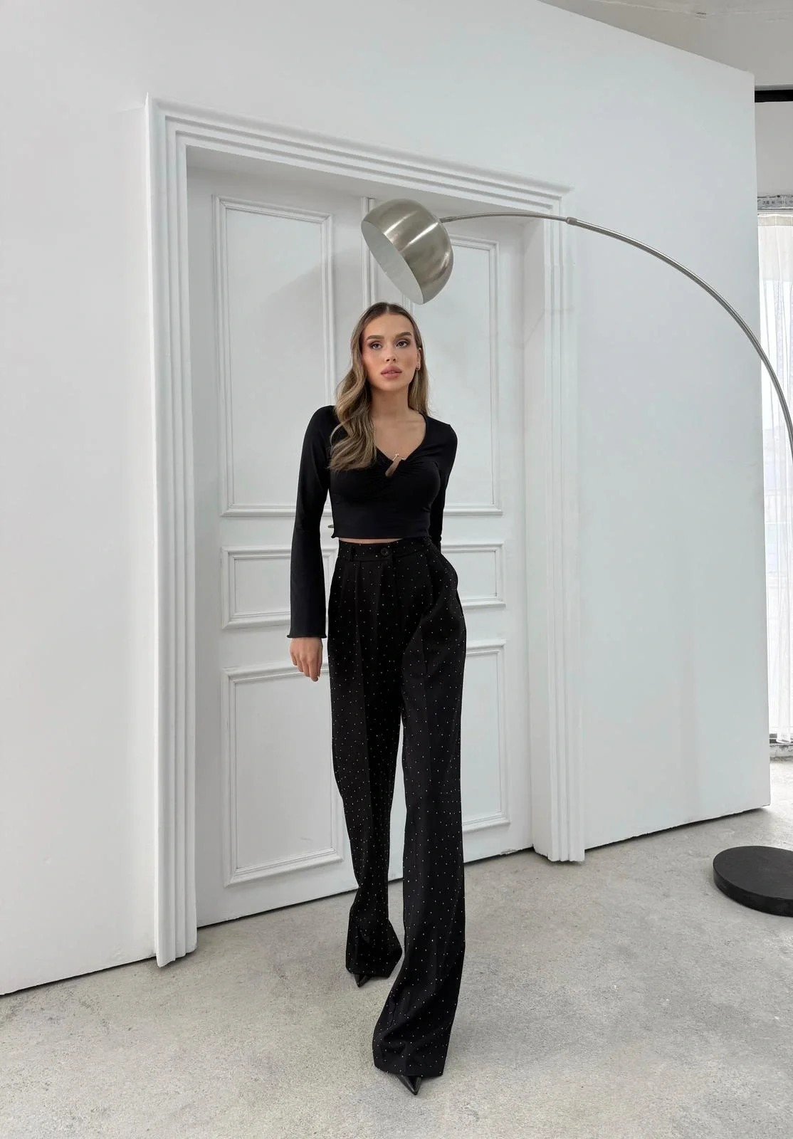 TAŞLI YÜKSEK BEL PALAZZO PANTOLON SİYAH