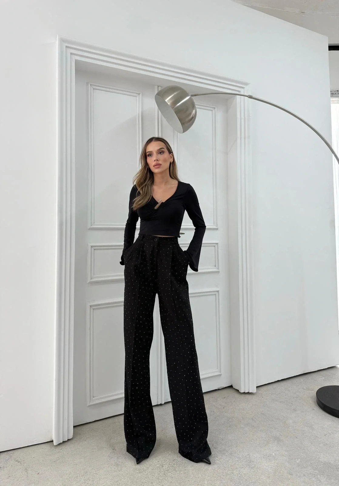 TAŞLI YÜKSEK BEL PALAZZO PANTOLON SİYAH