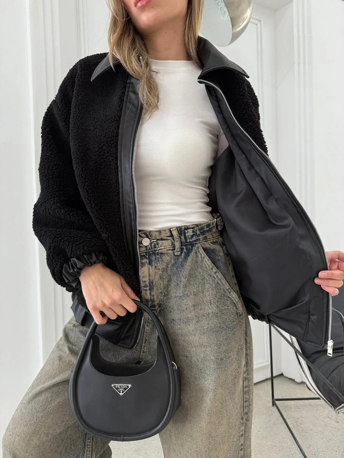 TEDDY KUMAŞ DERİ DETAY İÇ ASTARLI MONT SİYAH