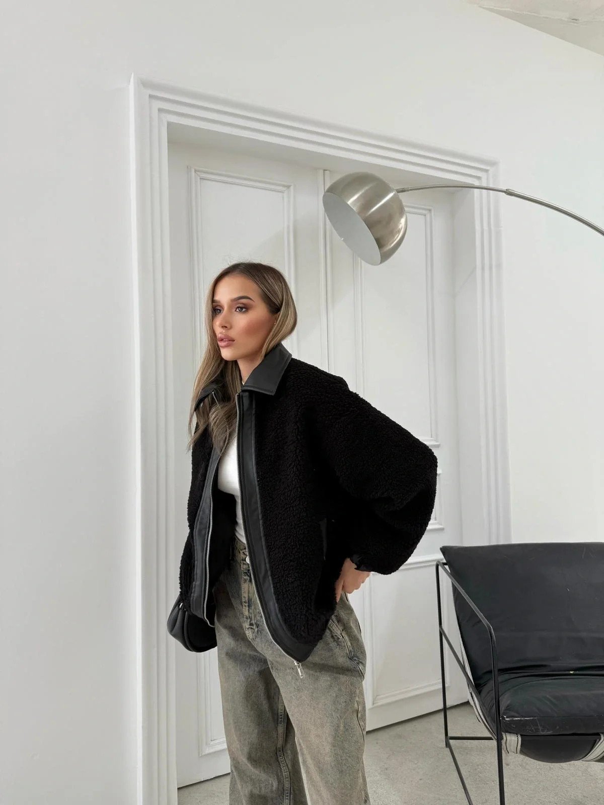 TEDDY KUMAŞ DERİ DETAY İÇ ASTARLI MONT SİYAH