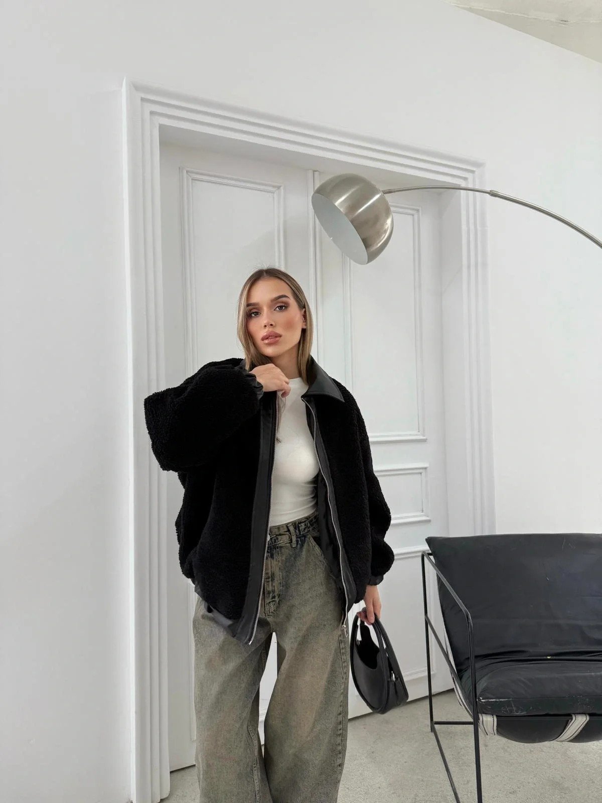 TEDDY KUMAŞ DERİ DETAY İÇ ASTARLI MONT SİYAH