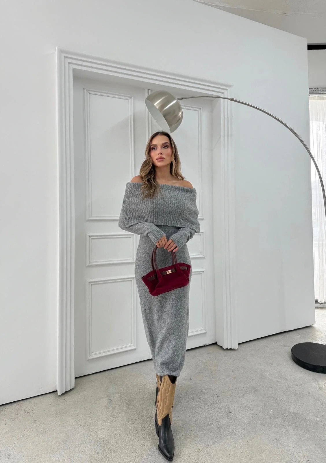 TRİKO MADONNA YAKA YUMOŞ DOKULU UZUN ELBİSE ANTRASİT