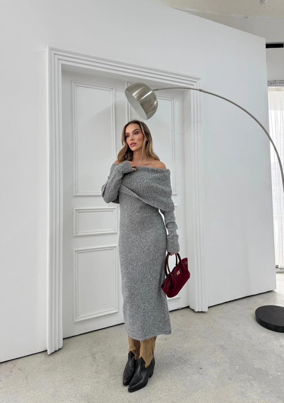 TRİKO MADONNA YAKA YUMOŞ DOKULU UZUN ELBİSE ANTRASİT