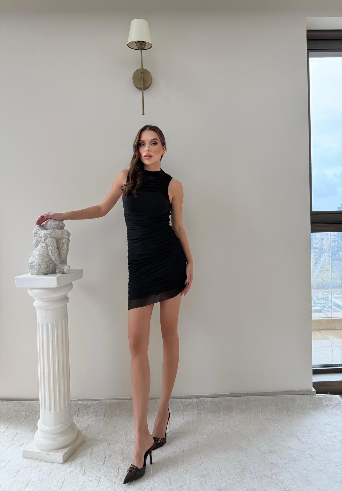 TÜL ASTARLI SIFIR KOL DRAPELİ ELBİSE SİYAH