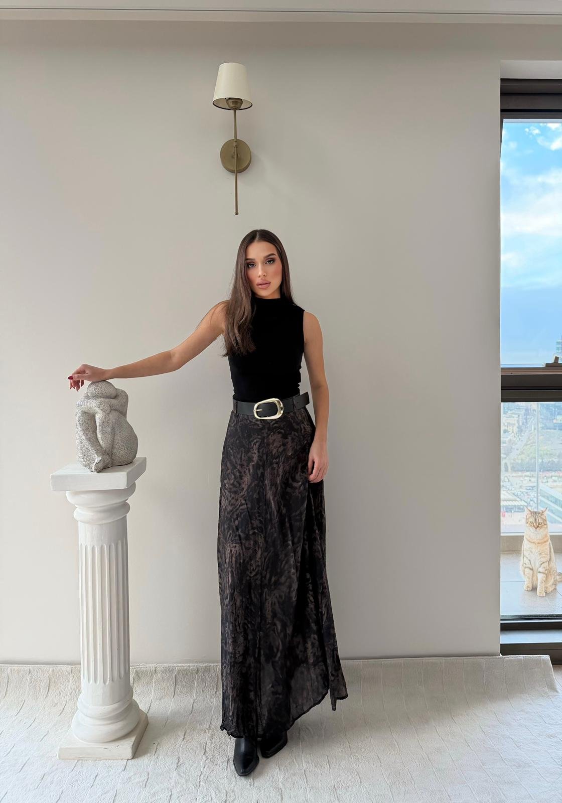 Tül Desenli İç Astarlı Kemer Detay Etek Kahve