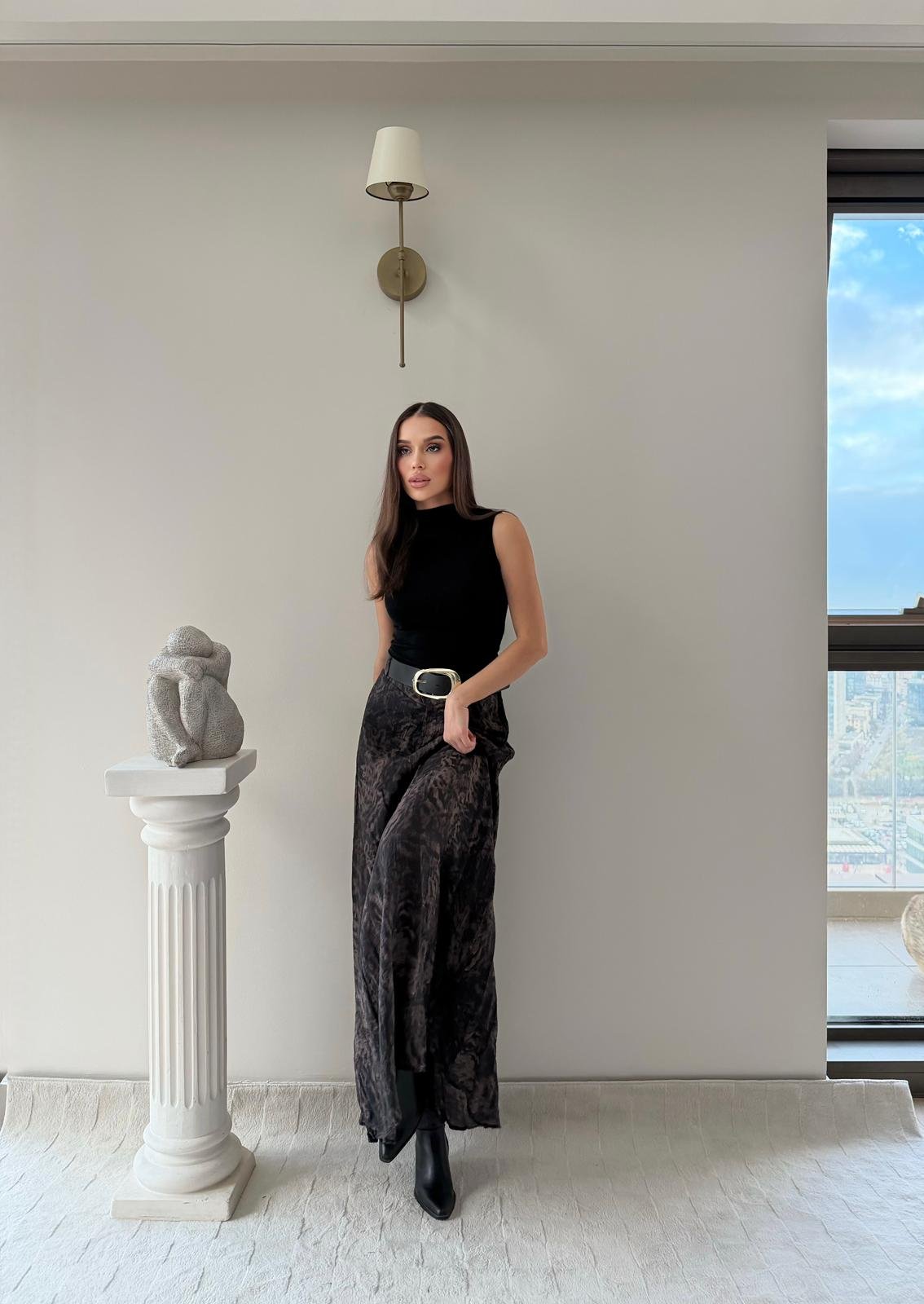 Tül Desenli İç Astarlı Kemer Detay Etek Kahve