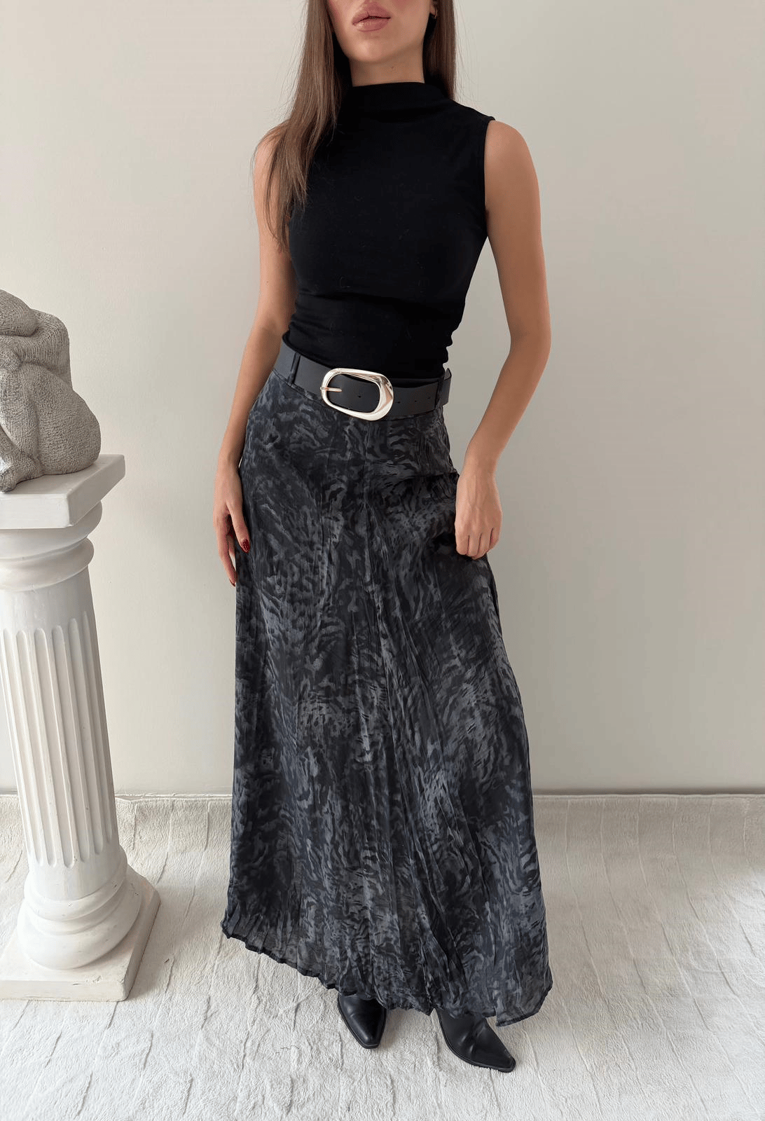 Tül Desenli İç Astarlı Kemer Detay Etek Antrasit