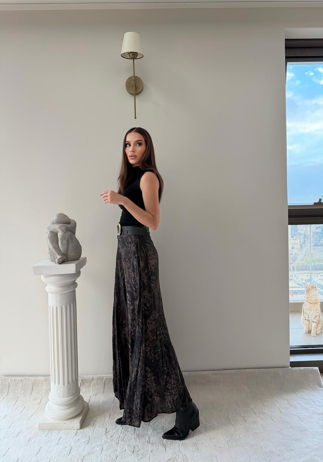 Tül Desenli İç Astarlı Kemer Detay Etek Kahve