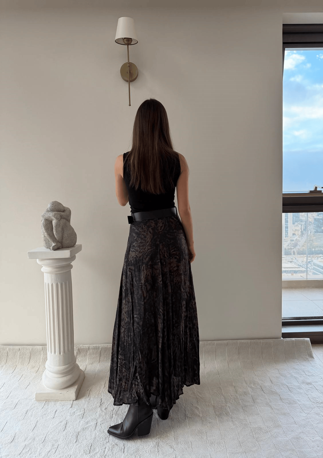 Tül Desenli İç Astarlı Kemer Detay Etek Kahve